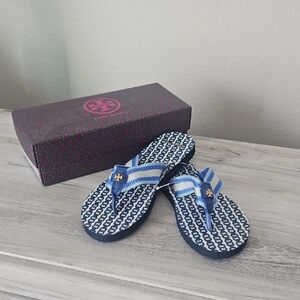 Tory Burch Blue and White Patterned Flip Flops